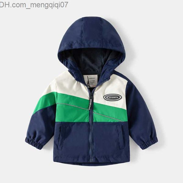 

coat spring autumn 2023 children's jacket splicing work zippered hoodie loose coat thick cotton windproof children's coat z230720, Blue;gray