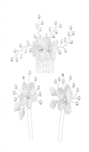 

3 pcsset european style bridal headdress set handmade pearl rhinestone flower hairpin hair comb women wedding dress accessories4722584, Golden;white
