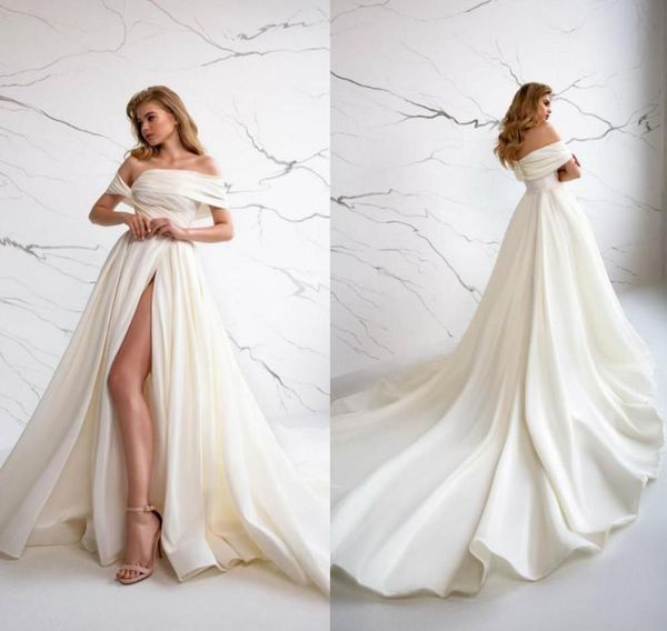 

plus size eva lendel aline wedding dresses off shoulder high side split bridal gowns backless sweep train wedding dress vest8382904, White