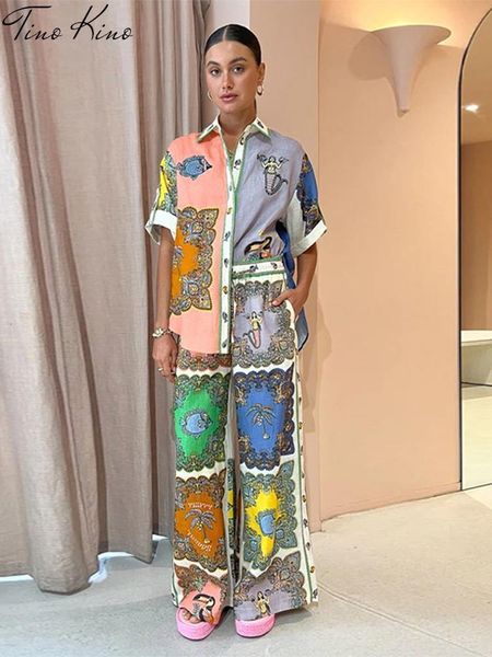 

women s two piece pants casual print shirt set women loose short sleeve single breasted female suit 2023 summer high waist wide leg sets 230, White