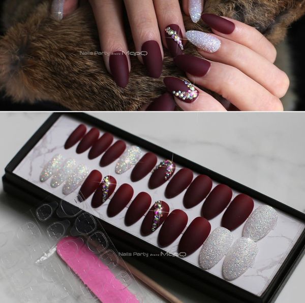 

matte flash art nails box match press on nails burgundy ab rhinestone fasle nails stiletto with adhesive tabs select4842741, Red;gold