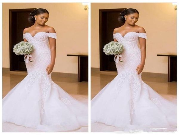 

2021 real pics african black women mermaid wedding dresses bridal gowns off shoulder lace appliques slim beautiful ladies vestidos2703293, White