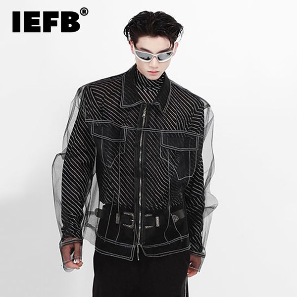 

men's jackets iefb niche mesh design jacket open thread deconstructed shirt high street long sleeve 2023 fashion male coat 9a5527 23071, Black;brown
