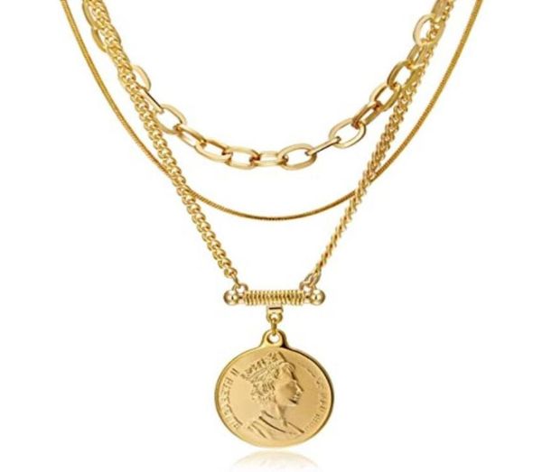 

layered choker necklace gold plated coin pendant multilayer disc chunky paperclip link chain layering chains2709469, Silver