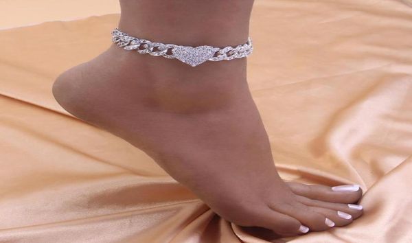 

anklets fashion hip hop crystal heartshaped anklet for women bracelet men miami cuban link chunky whole foot chain iced out4237749, Red;blue