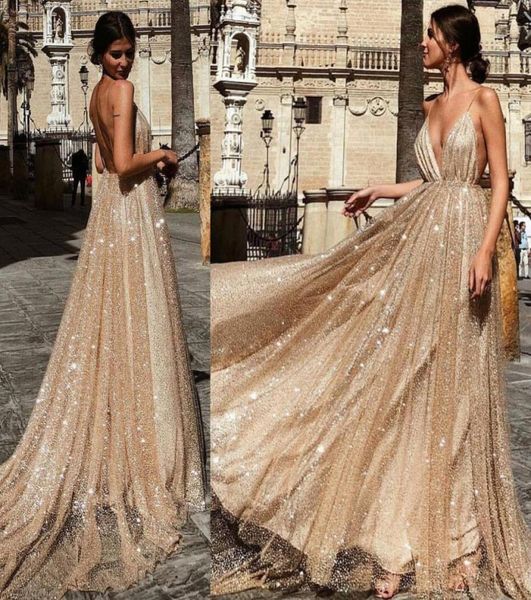 

sparkly sequins prom dresses long deep v neck straps full length boho backless special occasion evening gown robes en paille1851455, Black