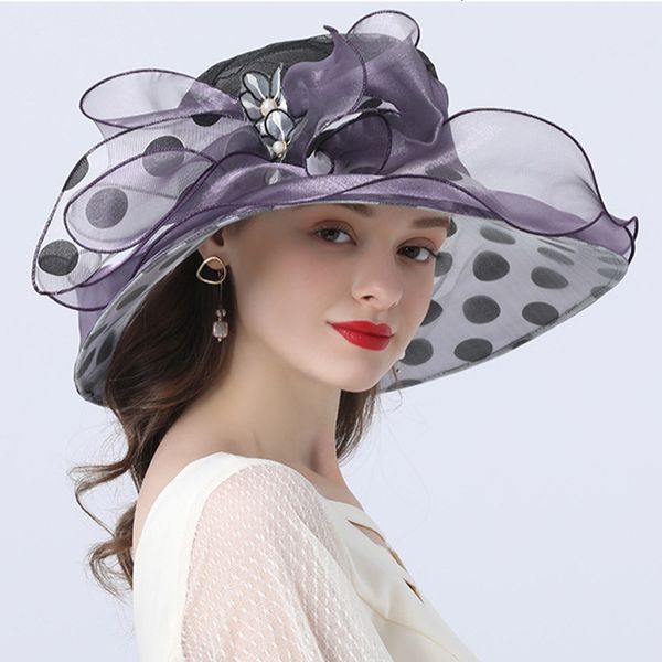 

wide brim hats bucket hats women summer hat black dot pattern ruffle wide brim ladies organza hat packable sun beach hat wedding party race, Blue;gray