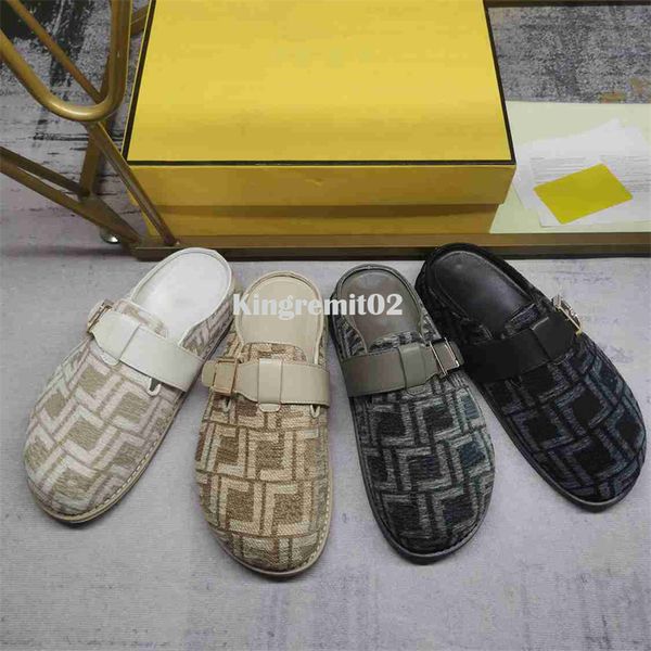 

designer slippers men women slipper feel sandals printed baotou flat sandal leather metal buckle slides outdoor beach shoes, Black
