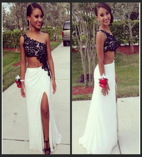 

charming black and white lace prom dresses one shoulder vestidos de fiesta custom made side slit mermaid evening dresses8658553