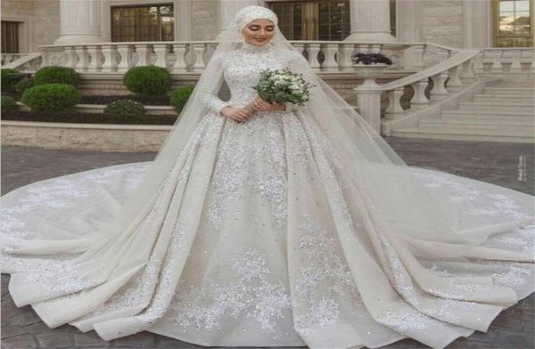 

luxury muslim wedding dresses high neck lace long sleeves sequins beads appliqued wedding dress with veil custom made vestidos de 3577857, White