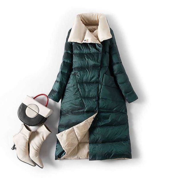 

women's down parkas fmfssom women 90% white duck down both side down long jacket double breasted fashion blackish green outwear warm la, Black