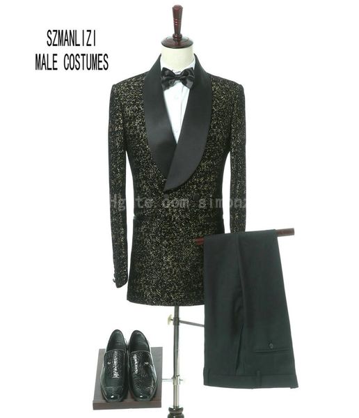 

elegant brand 2017 custom made slim fit gold tuxedo shawl lapel double breasted velvet blazer suit partypromgroom wedding suits 7141067, Black;gray