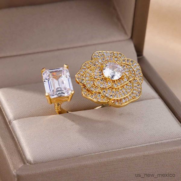 

band rings romantic zircon flower rings for women open stainless steel ring 2023 trend new luxury engagement wedding jewelry mujer r230719, Silver