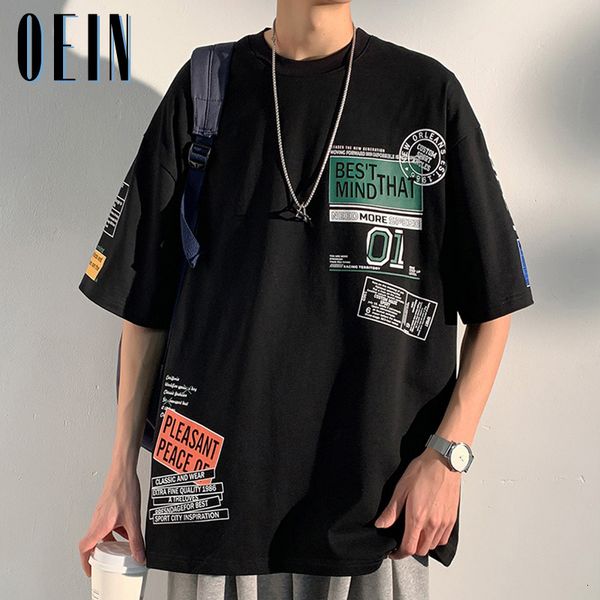 

men's t-shirts summer pure cotton short sleeve t-shirt men's street retro hip hop loose round neck full matching men's t-shir, White;black