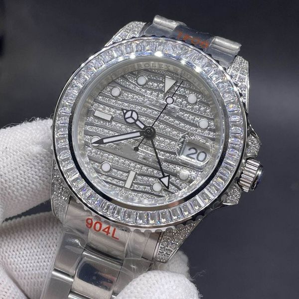

high quaility men watch automatic steel case 40mm baguette diamonds bezel diamonds wave face automatic watches, Slivery;brown