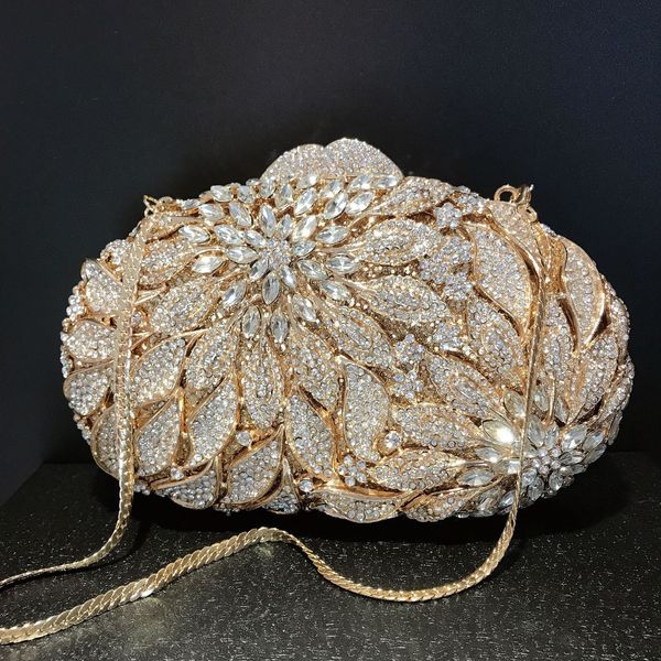 

evening bags gold metal leaf white crystal night clutch bag luxury women's wedding party wallet ball handbag water diamond mini minaudi