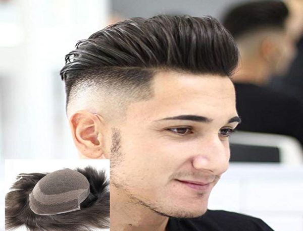 

lace human hair men toupee french lace with pu around hair replacement system human hair men wig8538169, Black
