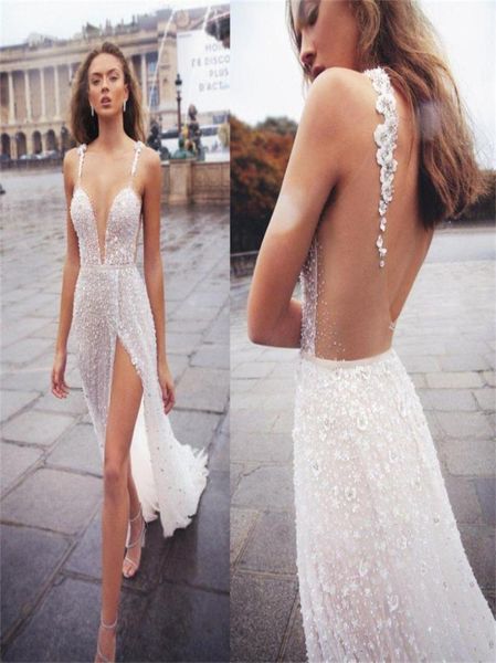 

2020 new wedding dresses with high slit beading appliqued backless bridal gowns beach robe de mariee3298389, White
