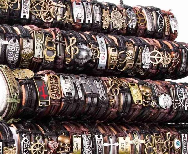 

2021 wholale vintage lots 50 different alloy pendent pack mix styl genuine leather bracelets men039s women039s jewelry part2815067, Golden;silver