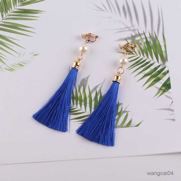 

charm vintage ethnic fringe tassel pearl long clip earrings without for women earings fashion jewelry femme r230719, Golden