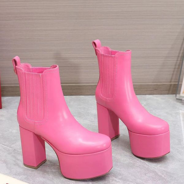 

runway platform chelsea ankle boots calfskin slip-on round toe booties chunky block heel short boot women's outdoor shoes luxury design, Black