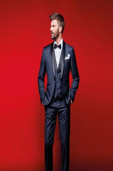 

dark navy wedding tuxedos slim fit suits for men jacket vest and pants groomsmen suit three pieces prom formal suits with bow tie9863245, Black;gray