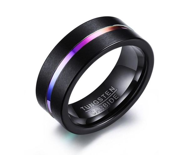 

men039s tungsten carbide ring 8mm black brushed inlay rainbow colored line lgbt pride ring1349800, Silver