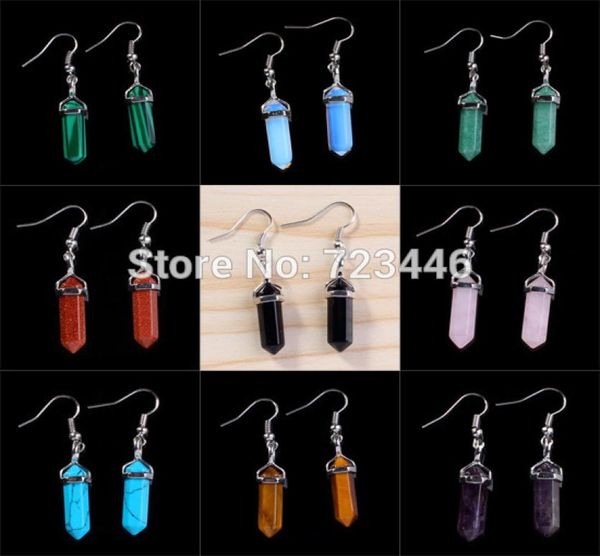 

natural stone earrings gem stone hexagon prism point healing chakra dangle earrings charm fashion women jewelry4154146, Silver
