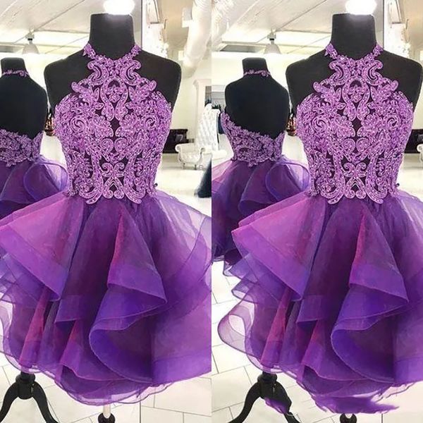 

purple a line homecoming dresses halter mini short organza crystal backless bling short prom dresses junior party cockta, Blue;pink