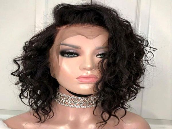 

lace front human hair wigs short curly wigs remy brazilian for women pre pluck natural color bleached knot7687109, Black