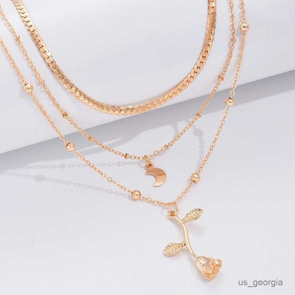 

pendant necklaces multilayer moon gold color pendant necklaces for women rose flower choker necklace fashion jewelry party gift r230719, Silver