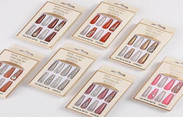 

false nails 12pcs long ballet rhinestone design fake nail art wearable press on tips4993712, Red;gold