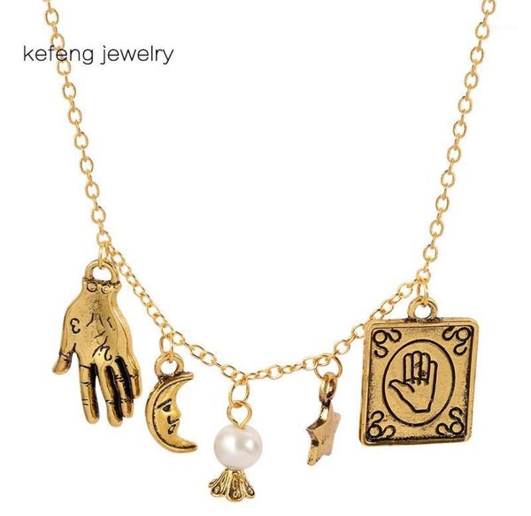 

vintage wicca choker natural moonstone crystal ball necklace with palmistry moon stars charms witch pagan gypsy fortune teller19926459, Silver