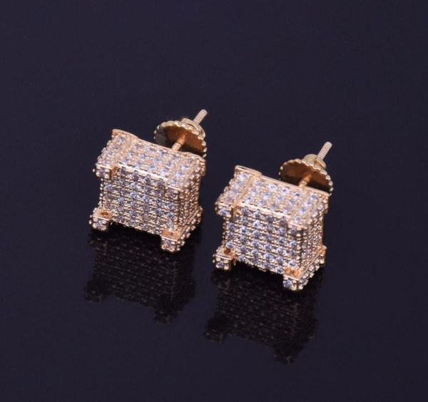 

10x10mm mens zircon earring hip hop style copper material iced bling cz square stud earrings screwback fashion jewelry9665646, Golden;silver
