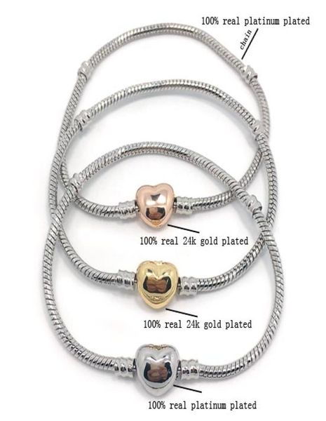 

brand new 100% plateinum plated snake chain & 100% 24k gold plated heart shape clasp bracelet fit fashion bracelet diy8820960, Golden;silver