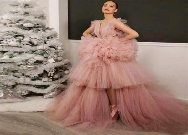 

puffy tutu tulle prom dresses deep v neck tiered leg slits girls pageant dress back african evening dress dusty pink6676013, Black
