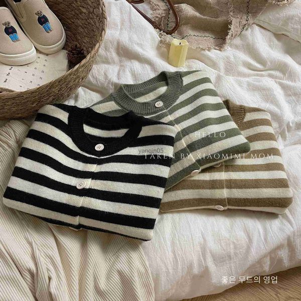 

pullover 2023 new children's striped sweater jacket boys and girls long-sleeved sweaters baby cardigan classic kids fashion knitwear hk, Blue