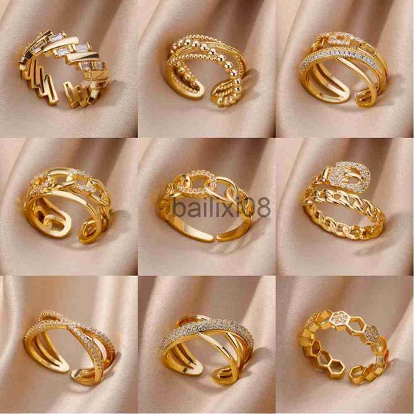 

band rings fashion gold color stainless steel rings for women chain hollow out crystal zircon finger ring jewelry 2023 gift anillos mujer j2, Silver