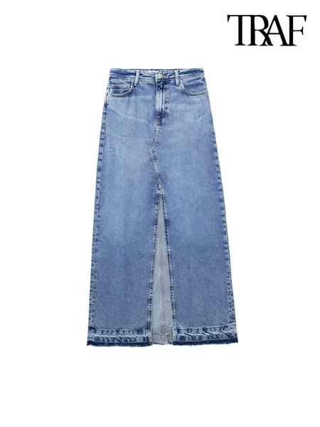 

skirts traf women fashion with pockets front slit denim midi skirt vintage high waist zipper fly female mujer 230719, Black
