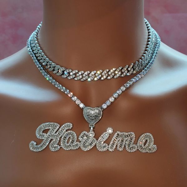 

pendant necklaces bling custom necklace set tennis chain cuban chain set with name pendant trendy personalized jewelry birthday gift for her, Silver