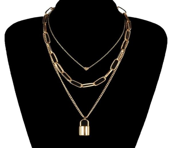 

creative geometric chain heart lock necklace pendant gold punk multilayer clavicle necklaces for women fashion neck jewelry7956714, Silver