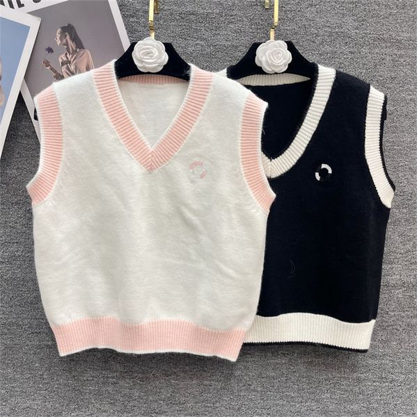 

womens knit tanks & camis black white simple embroidered letter crewneck cover belly sleeveless fashion knitted vest knitwear