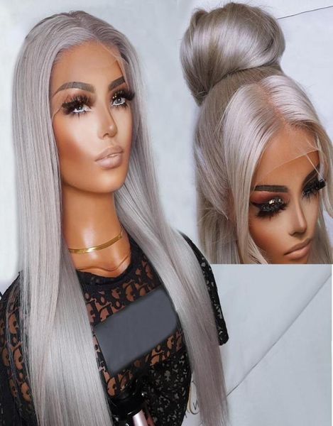 

silver grey simulation human hair wig hd lace frontal 30 inch blonde wig colored straight brazilian pre plucked9111762, Black
