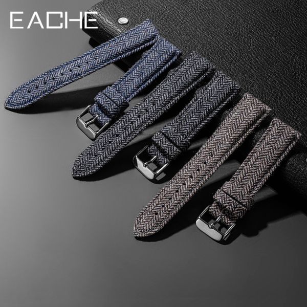 

watch bands eache herringbone tweed strap genuine leather watchband grey band 18mm 20mm 22mm 230718, Black;brown