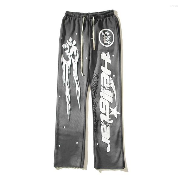 

men's pants tassel letters print baggy flared joggers trend distressed sweatpants high street casual washed y2k mens clothing, Black