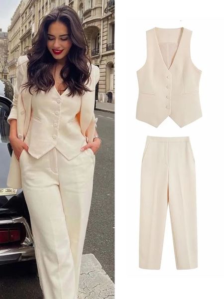 

women s two piece pants traf est spring autumn women vest pant sets 2023 suit office outfits pockets jackets wide leg trousers basic zipper, White