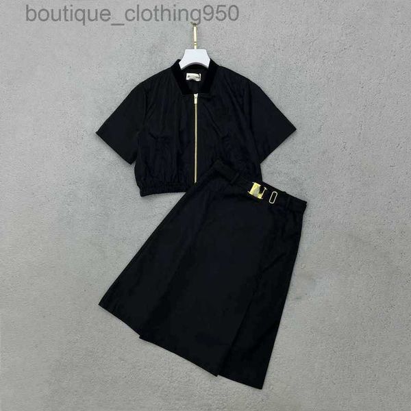 

summer new womens two piece sets commuter style woman dress letter embroidered short jacket with belt half skirt casual set, White