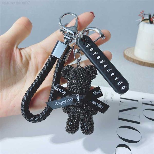 

key rings luxury crystal anti-lost bear keychain women men gold silver buckle car key ring chain holder phone number tag keyfob jewelry l230, Slivery;golden