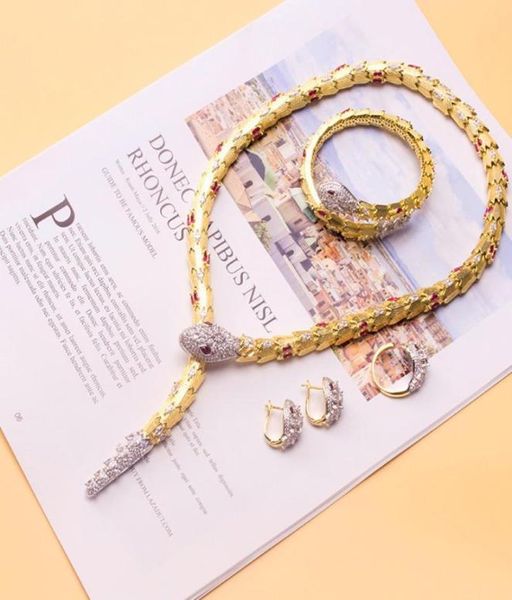 

luxury fashion lady brass diamond zircon red/green eyes serpent 18k plated gold necklaces chokers bangle earrings rings jewelry sets3408291, Black