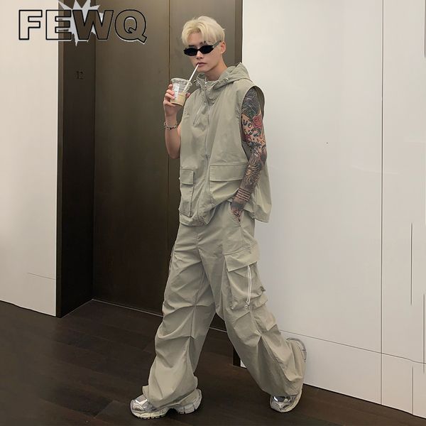 

men's tracksuits fewq deconstruction waist coats 2 pcs sets sleeveless hooded jackets summer male pleating cargo pants safari style 24b, Gray